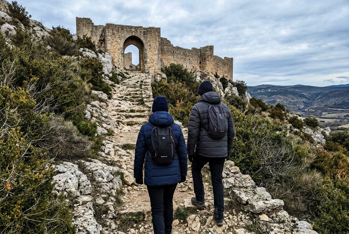 Deux randonneurs vus de dos montant un sentier de pierre vers des remparts en ruine, en tenue d'hiver