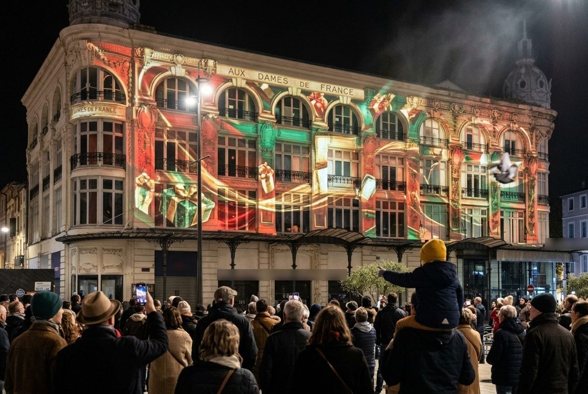 La foule devant la façade de l'ancien magasin Aux Dames de France, place de l'Hôtel-de-Ville à Narbonne, pendant le son et lumière des Fééries de Noël