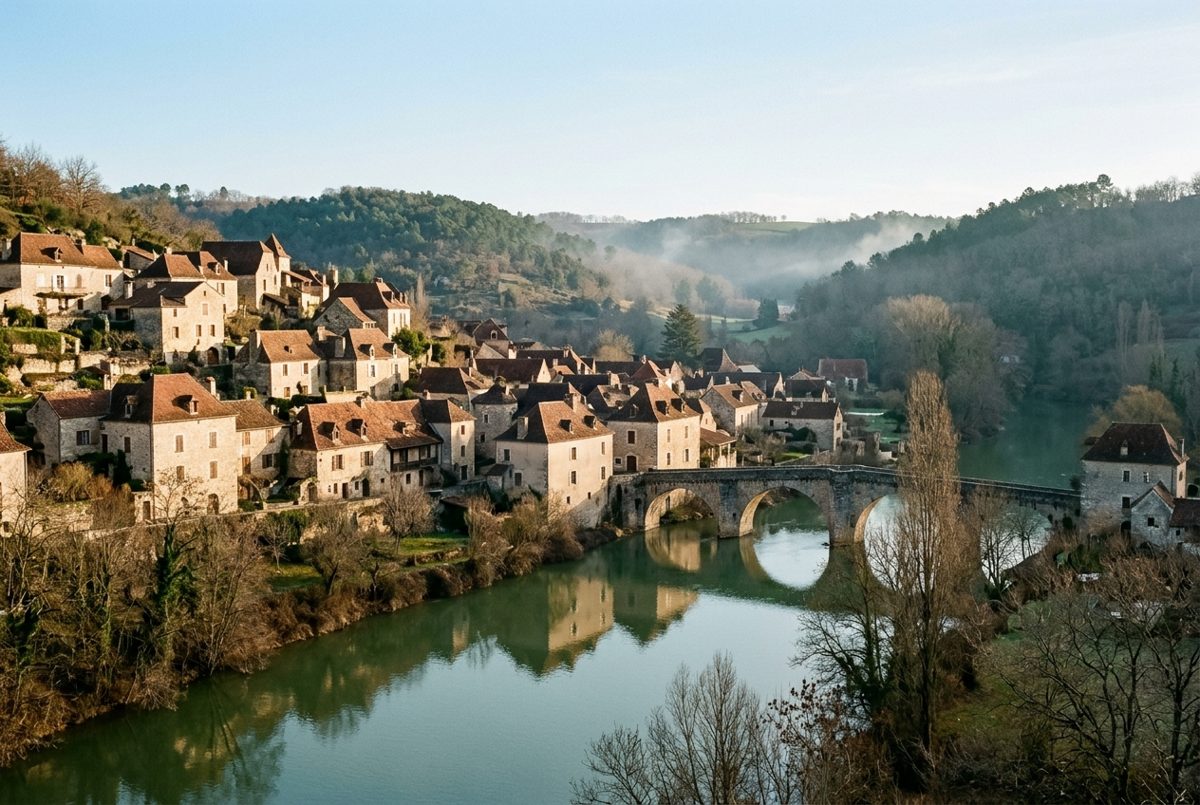 Village aux toits de tuiles au bord d'une rivière, dans une vallée boisée sous une lumière d'hiver